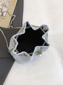 1个尼龙纯色抽绳链条水桶包，星月图案斜挎单肩包，时尚珍珠装饰，女士款 - 淺藍色 - 查看 10