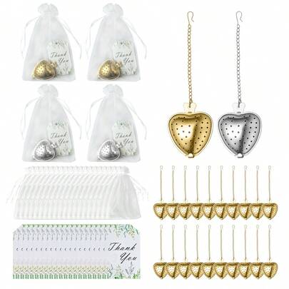 5/20 Sets, Bridal Tea Ceremony Favors, Wedding Party Gifts, Includes Heart-Shaped Tea Infuser, Tassel Drawstring Bag And Thank You Card - Elegant Design High-Quality Stainless Steel, Luxury Bridal Gift, Party Favor, Gift Box, Anniversary Novelty Gift, Tea Ceremony Gift, Tea Art Accessory, Wedding Souvenir