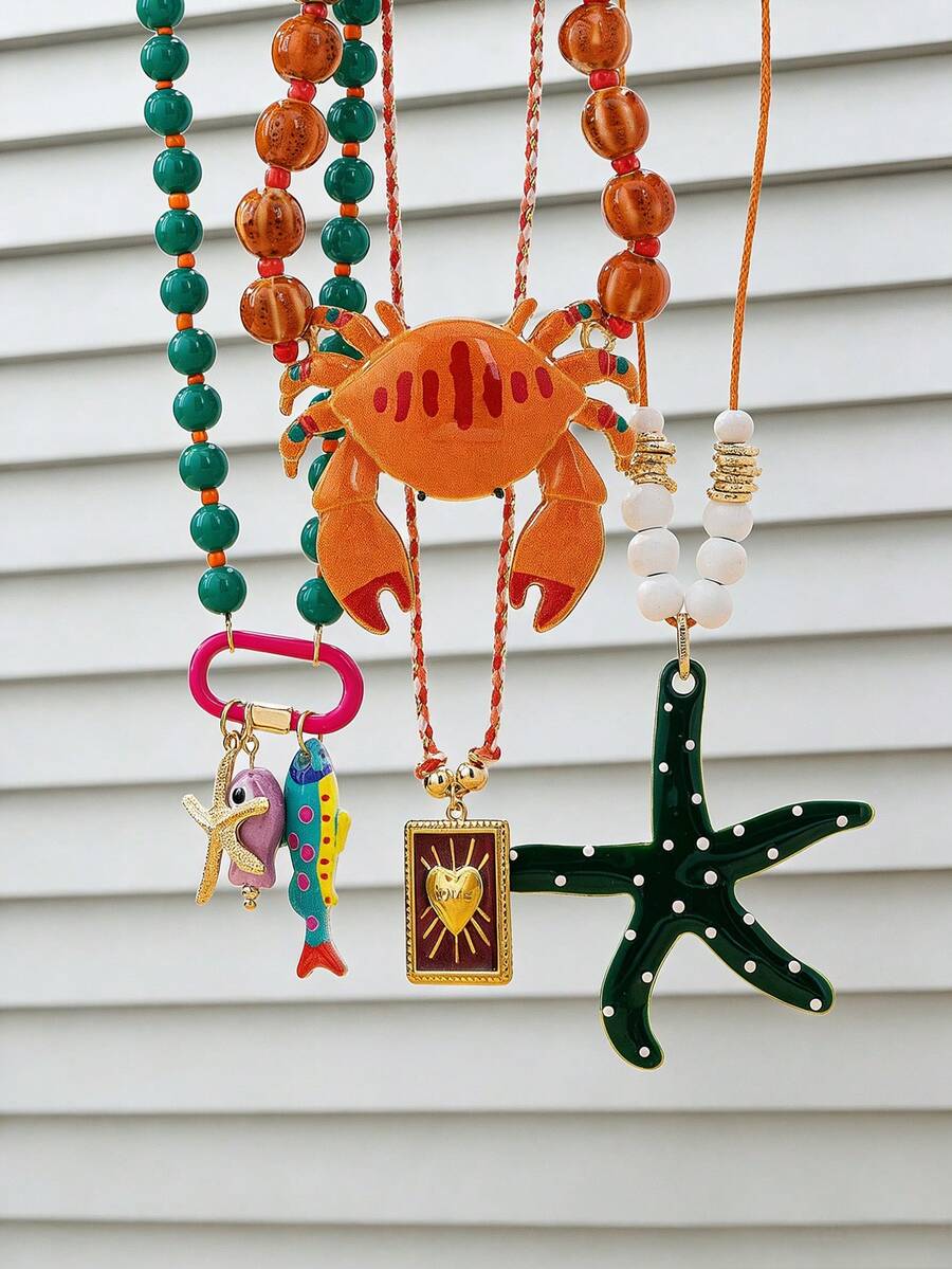 Conjunto de collar de playa estilo bohemio de verano para mujer, collar de cuentas coloridas con dijes de cangrejo, pez y estrella, accesorios de conjunto de collar estilo bohemio de vacaciones - Multicolor - View 1