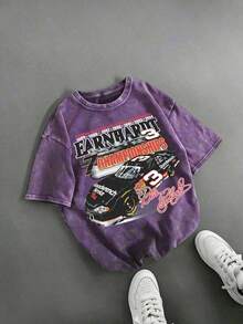 Retro DaleS Earnhardt #3 NASCARS 7 Championships Racing Car Graphic Tee,Casual Print,Comfortable And Versatile,Pure Cotton 220g Washed Printed T-Shirt - Purple - View 14