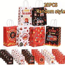 4/24 chiếc túi quà tặng bằng giấy Kraft có tay cầm, túi tote giấy Kraft chủ đề xe cứu hỏa hoạt hình, túi báo cháy, túi lính cứu hỏa. - Xem 4