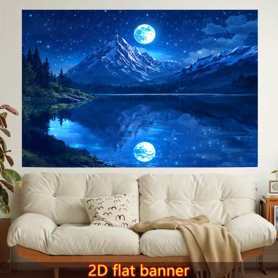 2D Flat, 1pc Horizontal Wall Tapestry Suable For Living Room, Bedroom, Office Decor - Starl Mountainous Moonl Reflections Night Sky Wh Mountains &, Non-Luminous Flat Printed Horizontal Hanging For Medation Room Or Decoration, 2D Flat - 1PC - View 1