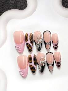 10pcs Y2K Baddie Style Polygonal Gel Nail Kit, Acrylic Pressed Nails, Silver Star Chain Nail Decor With Small Rhinestones, Nude Pink Base With Leopard Print And Black/Pink Block Nail Art, Pink, Black, Brown Nail Polish, Includes Nail Tools (1 Jelly Sticker + 1 Nail File) 3 Sizes Available: Almond, Duck, Coffin Nails, Suitable For Daily Wear, Dates, Sexy Outfits, Parties, Great Gift For Women And Girls - Multicolor - View 18