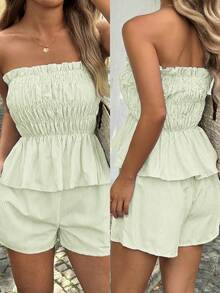 Set de 2 piese Vaiaye pentru femei, stil boem hawaian, pentru vacanță la plajă tropicală - top și pantaloni scurți cu dungi și volane, potrivit pentru întâlniri, ceai de după-amiază, sărbători, festivaluri de muzică și vara de Crăciun - Verde - Vizualizare 11