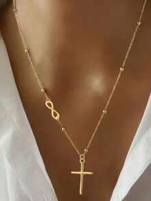 1pc Stainless Steel Women's Necklace, Infinity Symbol Cross Pendant, Cross + Infinity Symbol Elements, Minimalist Luxury Style, Gold Color, Suitable For Women's Daily, Dating, Religious Ceremony Accessories - necklace - View 1