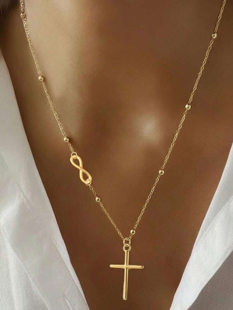 1pc Stainless Steel Women's Necklace, Infinity Symbol Cross Pendant, Cross + Infinity Symbol Elements, Minimalist Luxury Style, Gold Color, Suitable For Women's Daily, Dating, Religious Ceremony Accessories - necklace - View 1