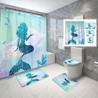 A 1/4 Set Of Dreamy Ocean Mermaid And Coral Seaside Bathroom Decor Shower Curtain Set, Complete With A Non-Slip Bath Mat And Toilet Seat Cover – A Soft, Absorbent Bathroom Rug Set And 12 Hooks, Exquisite And Functional Home Decor Gift, Essential For Any Home. Various Styles Are Available In-Store.