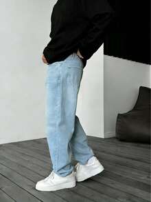 Men's Y2K Straight Leg Washed Casual Jeans, Minimalist Black Denim Pants - Light Wash - View 5