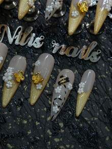10 pièces Kit d'ongles acryliques stiletto, ongles jaune moutarde, avec le thème "Mer de fleurs de printemps & Abeilles", convient pour le port au printemps et en été. Style fille douce & vitalité dynamique, convient pour les fêtes, les cérémonies, les festivals, l'usage quotidien - Jaune moutarde - Voir 6