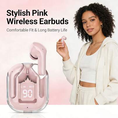 Briame 粉色无线耳机，带充电盒，透明水晶LED显示屏TWS耳机，舒适入耳式耳机，适合女性和女孩，150mAh电池