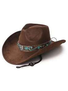Un sombrero vaquero occidental de ante para hombres y mujeres, con bordado retro en verde esmeralda, diseño de ala ancha, correa ajustable en el ala, protección UV para uso al aire libre, adecuado para vacaciones, reuniones, actividades al aire libre y uso diario en la playa. - Sombrero de mariposa bordado en gamuza - Ver 10