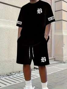 男士字母印花黑色T恤和短裤套装 - 黑色 - 查看 1