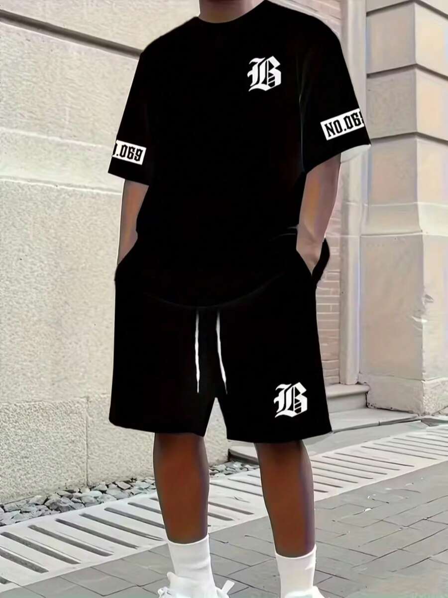 男士字母印花黑色T恤和短裤套装 - 黑色 - 查看 1