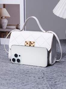 极简白色小手提包，时尚菱形扭扣迷你包，休闲家居手提包 - 白色 - 查看 4