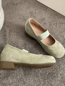 Women's Elastic Round Toe Low Heel Mary Jane Shoes, Solid Mint Green/Beige Minimalist Style, Comfortable Shock-Absorbing Thick Heel Shoes, Suitable For Daily Commute, Spring/Autumn Dating And Party Outfits - Mint Green - View 4