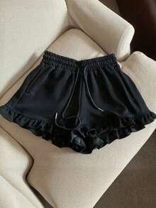 High Waist Loose Frill Trim Design Casual Sports Shorts For Women, Fashionable Wide Leg Loungewear - Black - View 3