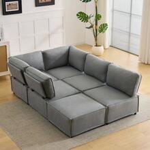 Set Of Semi-Compressed Modular Wooden Sofas, Versatile, Flexible And Easy To Connect, Suitable For Any Type Of Home, Upholstered In Beige Linen Fabric (Combination 2A+3B+C). - Light Grey - View 4