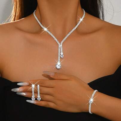 4件套女士心形吊坠首饰套装，包括Y型项链、耳环和手链，铜质材料，适合作为新娘礼物、结婚纪念日礼物、情人节礼物、母亲节礼物。