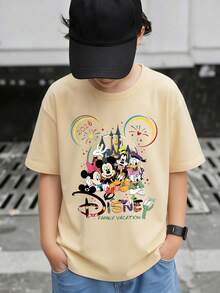 Disney Boys Mickey Mouse & Friends 2026 Family Vacation T-Shirt, Kids Short Sleeve Casual Tee For 2-14 Years, Castle Graphic Print, Express Delivery - Màu be - Xem 1