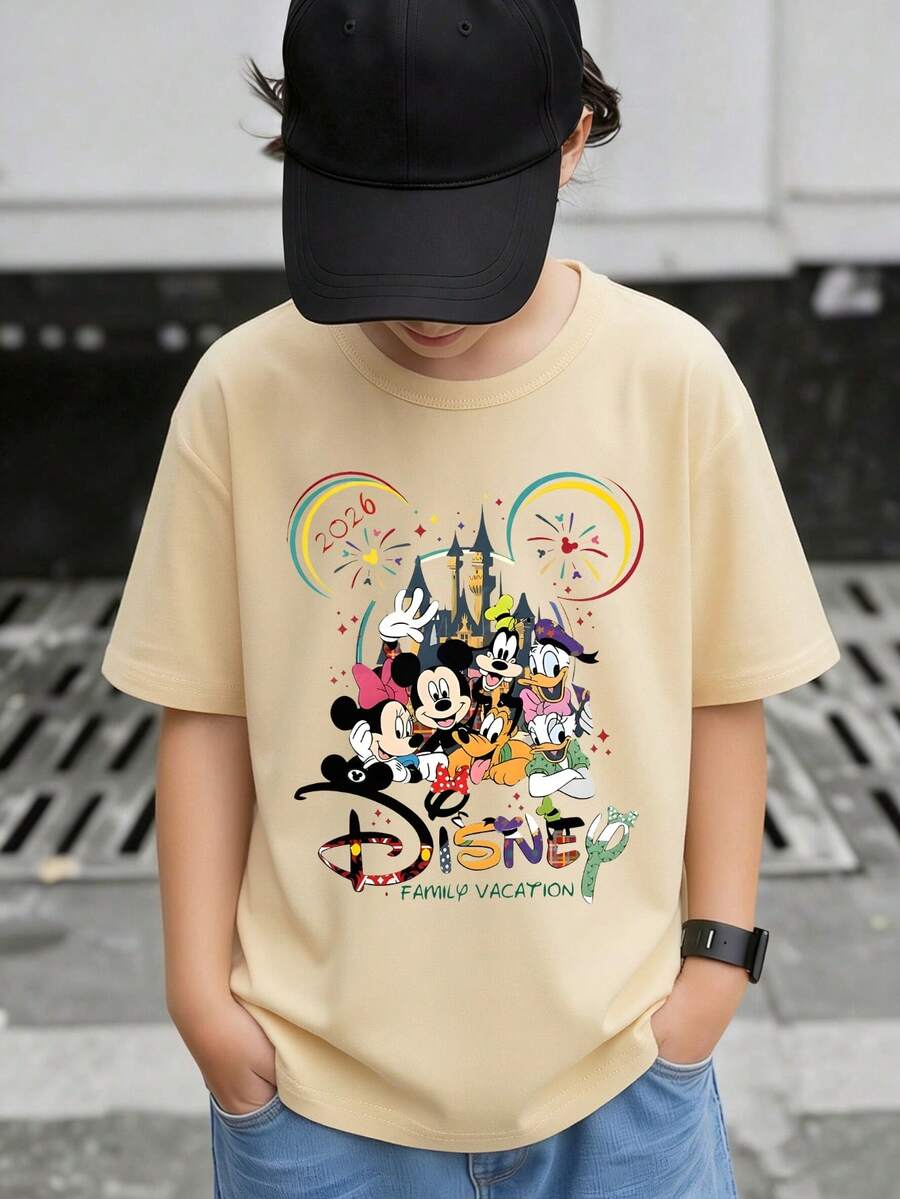 Disney Boys Mickey Mouse & Friends 2026 Family Vacation T-Shirt, Kids Short Sleeve Casual Tee For 2-14 Years, Castle Graphic Print, Express Delivery - Màu be - Xem 1