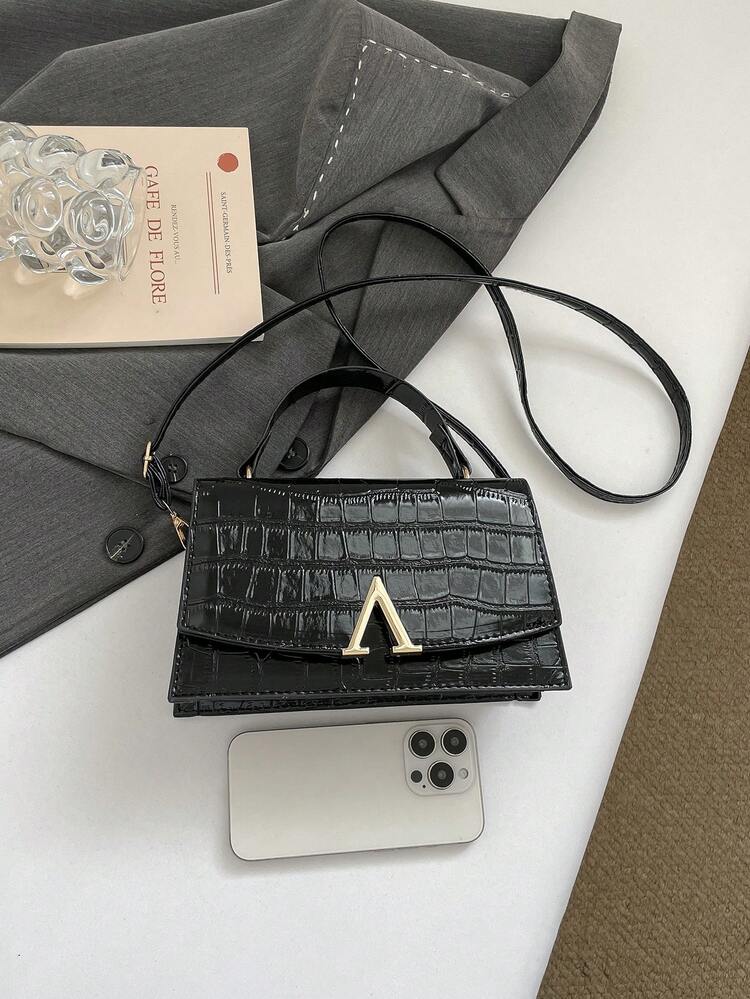 2026 New European And American Stone Texture Letter V-Buckle Shoulder Bag, Women's Fashion Versatile Crossbody Bucket Bag, Luxury Handbag - Black - View 2