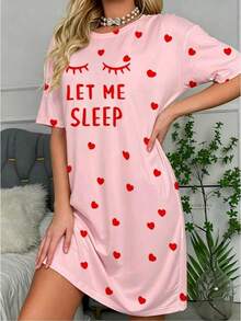 女款「Sleep」標語睫毛圖案睡衣－舒適短袖圓領 T-shirt 連身裙，愛心裝飾，四季針織睡衣 - 粉色 - 查看 3