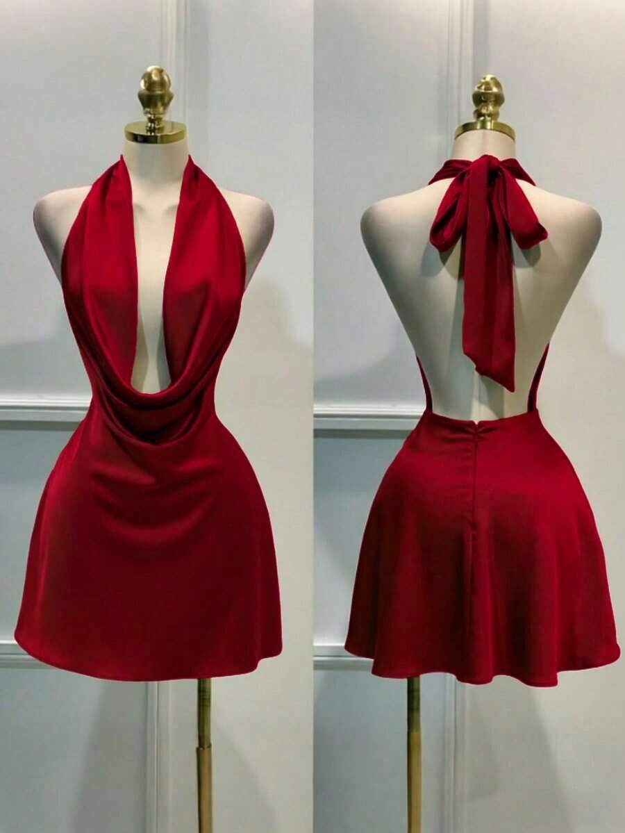 1 pieza Vestido corto de satén de unicolor y espalda descubierta, elegante vestido de playa mini, vestido de verano casual para mujer, vestido corto fluido color negro - Burdeos - Ver 1