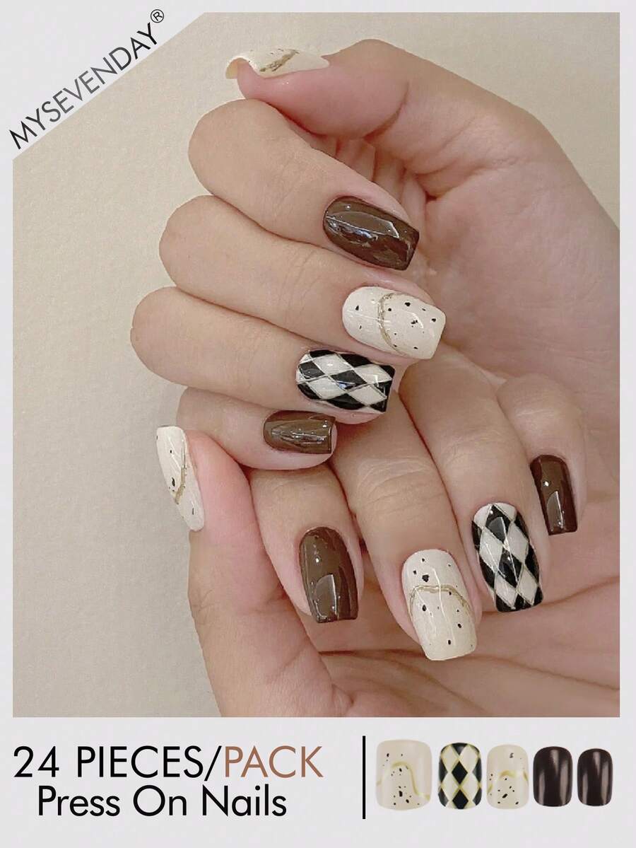 24pcs Square/Retro Mayer Checkerboard Pattern Nail Stickers, 24pcs Set Suitable For Daily Commute, Party And Casual Outfits - MultiWarna - View 1