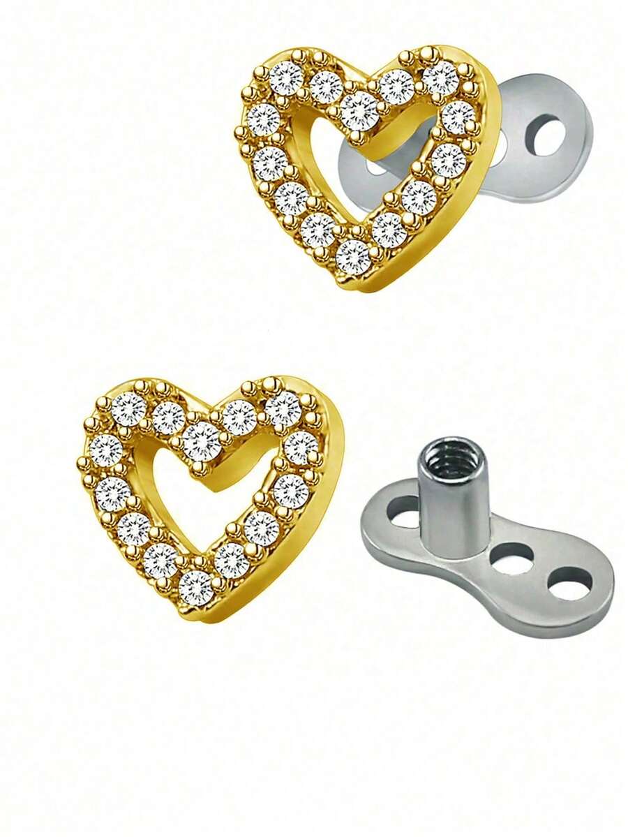 1 pieza Pendiente de acero inoxidable simple con corazón hueco y diamante incrustado - Dorado - Ver 1