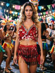 Carnival 2 Pieces Outfit Set - Sequin Fringe Coin Embellished Bra Top & Hip Wrap For Festival, Rave & Parade Wear (Available In Multiple Colors) - Multicolor - View 6