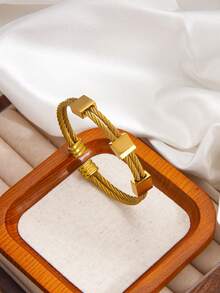 1条黑色镀金不锈钢手链，钢丝绳手链，带方形吊坠，低过敏性可调节腕带 - 彩色 - 查看 6