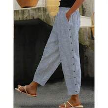 Women's Casual Button-Front Trousers With Stripes And Patchwork, For Autumn - Apricot - View 2