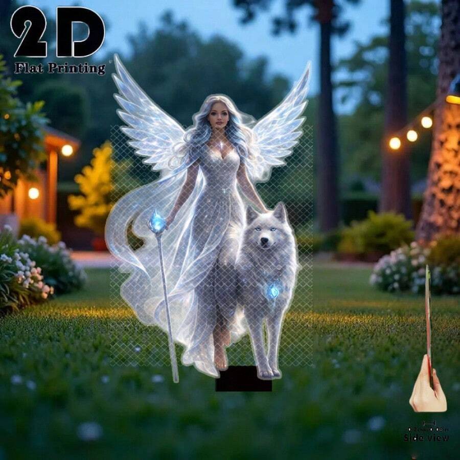 2D Flat Integrated Luminous Angel And Wolf Garden Stake Decor, Outdoor Yard Garden Lawn Decoration, Flower Bed Decor Stake, Suitable For Yard, Lawn, Potted Plants - Holiday Decor, Ideal Gift For Friends, Garden Decoration, Lawn Decor - 520 - View 1