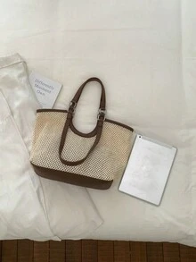 26 Styles Spring Korean 2 Pieces Woven Shoulder Bags, Cotton Rope Straw Braid Large Capacity Casual Minimalist - Brown - View 9