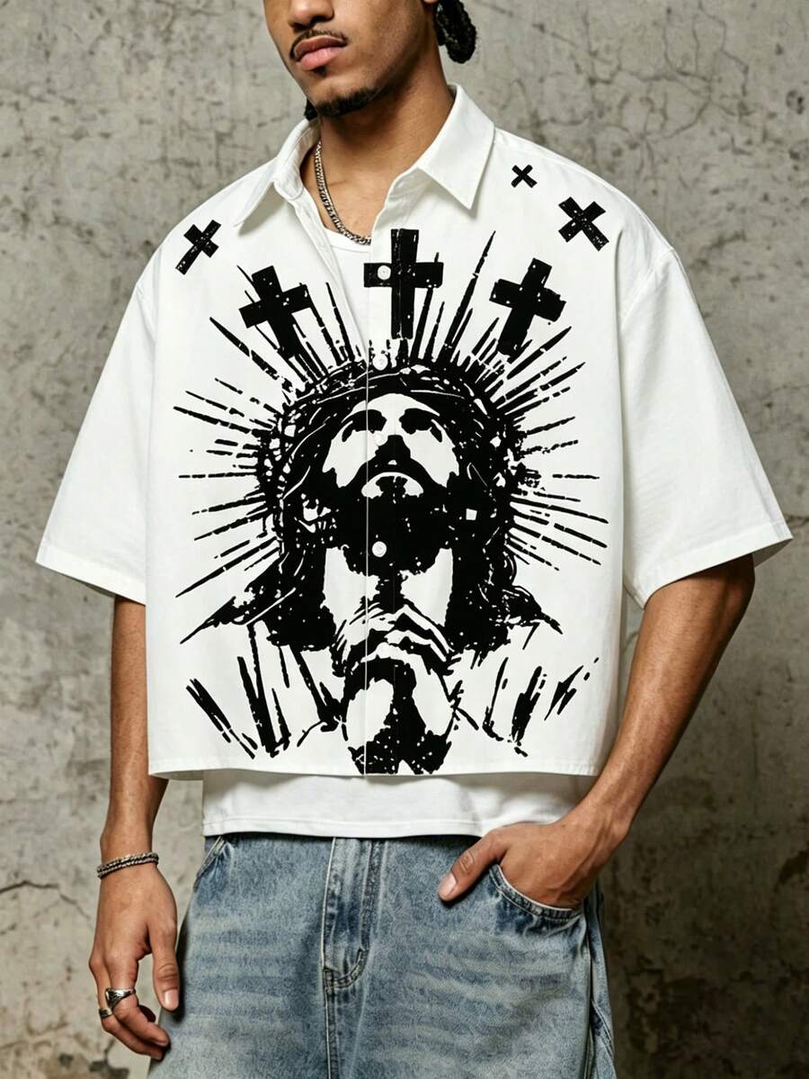 Áo sơ mi nam tay ngắn dáng rộng thoải mái mùa hè FRACTYR, in kỹ thuật số hình Chúa Giê-su cầu nguyện và cây thánh giá, kiểu dáng thời trang và đa năng. - trắng - Xem 1
