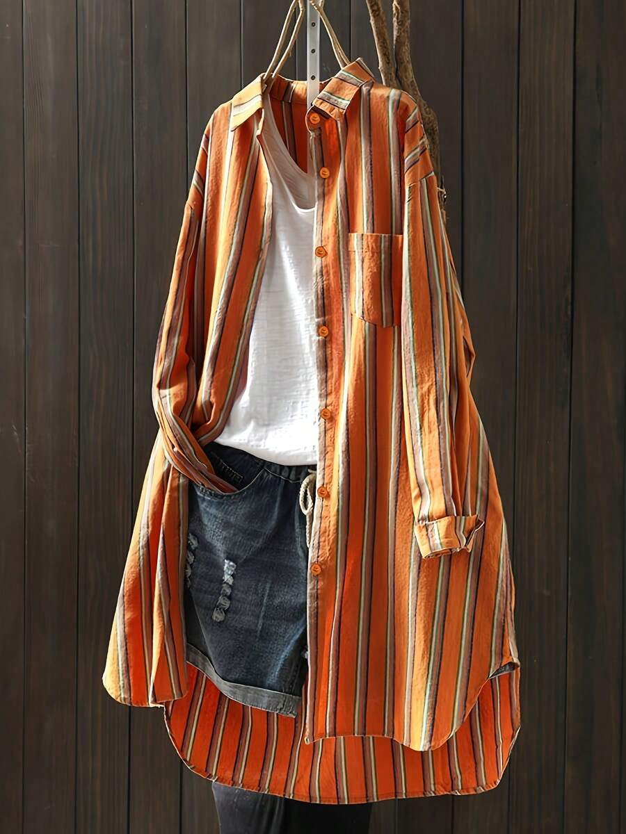 Women's Vintage Vertical Striped Shirt - Loose Mid-Length Casual Outerwear, Slouchy Style Layered Long Sleeve Top, Suitable For All Year Round - Burnt Orange - View 1