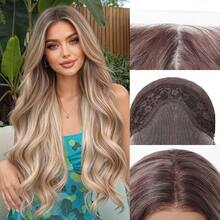 Peluca sintética de onda corporal de 26 pulgadas 13*4 con encaje frontal para mujeres, con reflejos de rubio ceniza a marrón ombre, de aspecto natural y resistente al calor para uso diario, fiestas y vacaciones - Multicolor - Ver 15