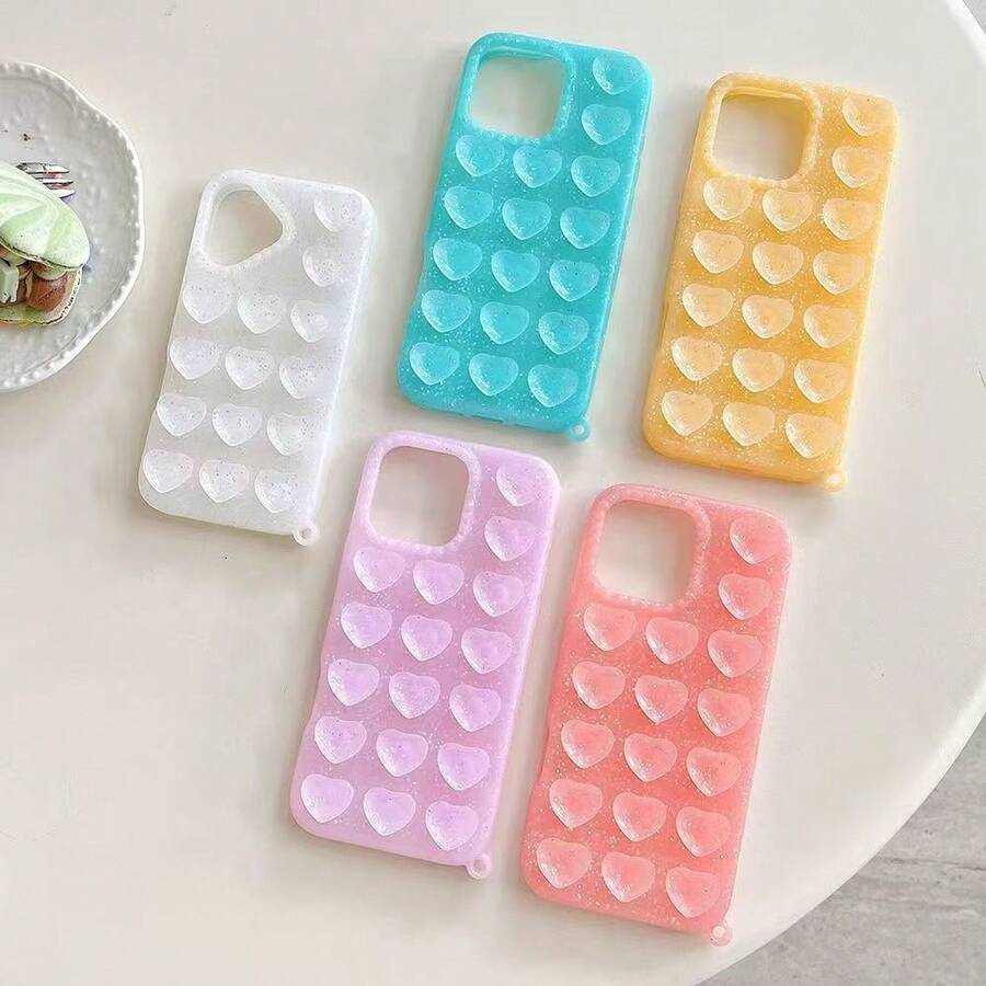 New Fashion Heart-Shaped Glitter Suction Cup Soft Silicone Large Hole Skin-Friendly Phone Case Compatible With IPhone 17 Pro Max, 16 Pro, 15 Pro Max, 14 Pro, 13 Pro Max, Anti-Fall Protective Cover With Lanyard - Multicolor - View 1