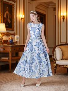 DEVCHATA Đầm maxi dài không tay cổ thuyền thanh lịch dành cho nữ, chất liệu jacquard, thích hợp cho các buổi dạ hội hoặc những dịp trang trọng. - Màu xanh lam - Xem 2