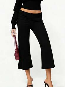 Women's Fold Over Waist Capri Fashionable Casual Solid Color Low Rise Wide Leg Crop Pants - Black - View 1
