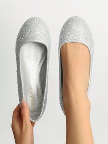 Women's Rhinestone Ballet Flats Glitter Slip-On Elegant Comfortable Round Toe Solid Color Valentines Party Wedding Shoes - 銀色 - 查看 3