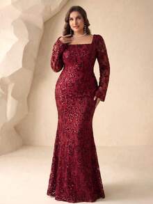 Đầm dạ hội thanh lịch, sang trọng, cổ vuông, tay dài, eo ôm sát, đính sequin. - Màu Đỏ Sâu - Xem 3