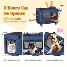 2 In 1, 24''/28"/ Collapsible Travel Dog Crate For Medium Large Dogs, Rolling Pet Carrier With Wheels, 3-Door Portable Folding Pet Kennel With Mesh Windows, Indoor Outdoor Travel Use, Dark Blue - Blue - View 2