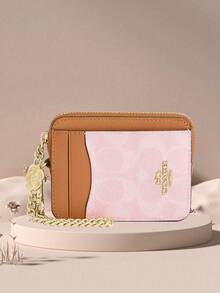 Coach Women's RFID Blocking 11 Card Slots Mini Zipper Wristlet Wallet With Key Chain, Small Zipper Coin Purse - Pink and Brown - View 5