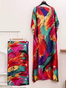 قطعة واحدة من اكسسوارات الشاطئ للنساء، بلوزة شيفون بأكمام خفيفة مطبوعة بطبعة زهور صيفية، قميص شفاف فضفاض، يأتي مع وشاح مطبوع بطراز بوهيمي لتغطية الشاطئ - متعدد الألوان - مشاهدة 9