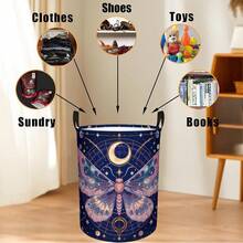 1PC Mystical Moon Moth Print Laundry Hamper, Celestial Astrology Collapsible Storage Basket For Bedroom Decor - Blue - View 4