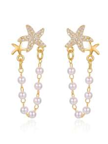 1 Pair Delicate Shiny Star & Shell Beaded Pearl Earrings, Random Design, Versatile For Party, Gift, Daily Wear - Gold - View 3