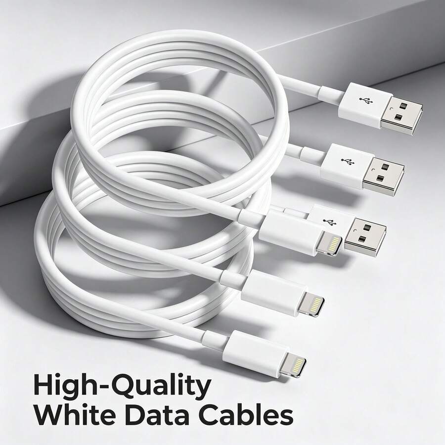 3条/套 6.6英尺/200厘米 快速充电数据线，USB转Lightning数据线，兼容苹果14 Pro Max/14 Pro/14 Plus/14/13/12/11/XS/XR/8/7/6等机型，高速数据传输和充电 - 白色 - 查看 1