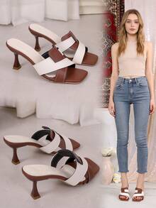 Stylish Square Toe Heels - Girl's Slim Heel Cross Band Sandals For - Brown - View 3