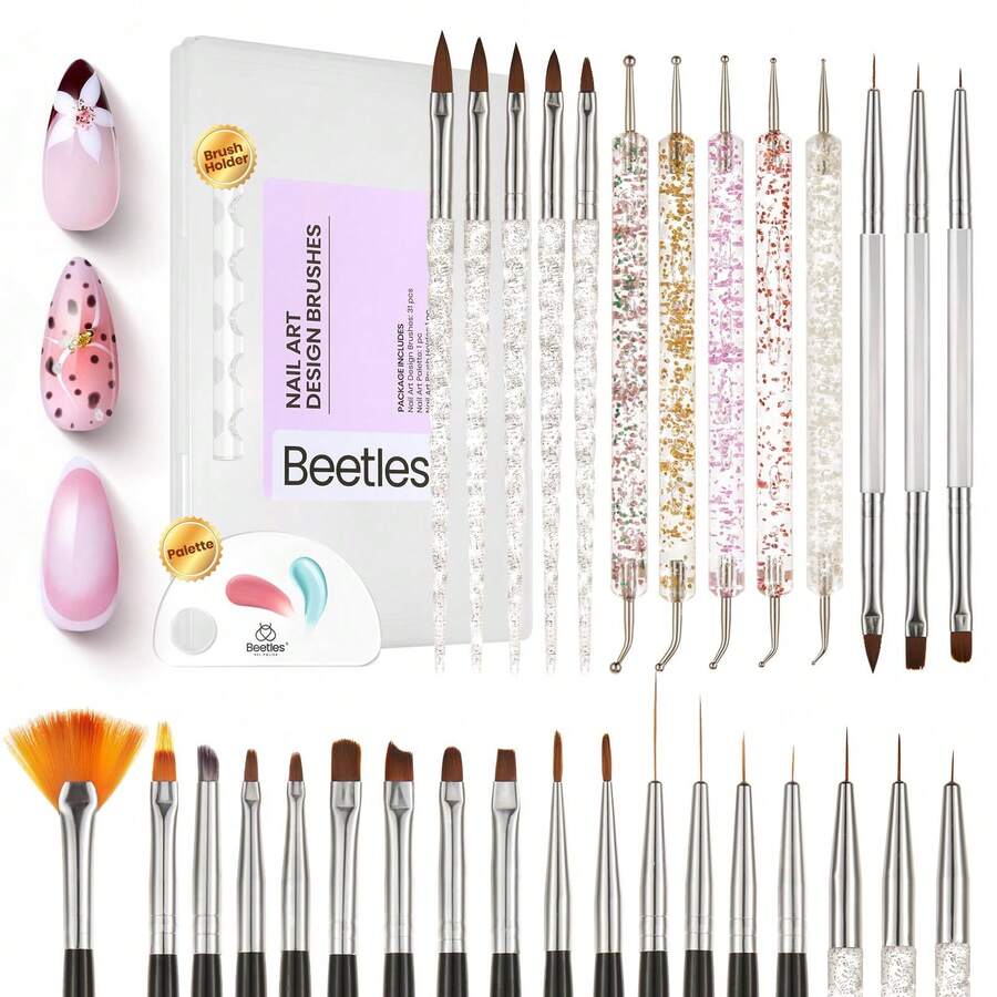 Beetles 31pcs Nail Art Brushes With Case - Confetti Nail Art Pens Dual Ended Dotting Tools Striping Liner Brushes For Nails 3D Flower Sculpting Tools Palette Holder DIY Home Salon Manicure Design Set - Bộ 31 cọ vẽ móng nghệ thuật kèm hộp đựng. - Xem 1